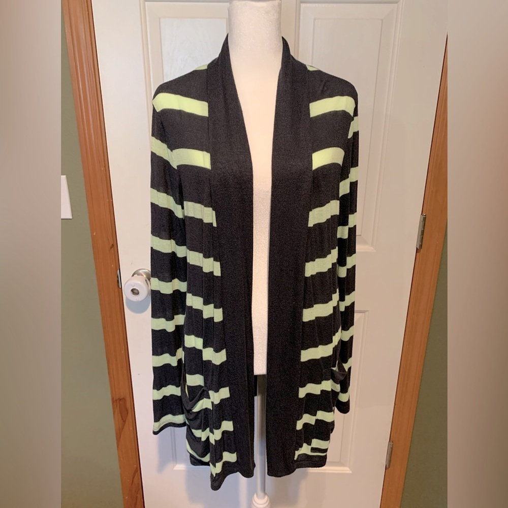 Navy and light green open sweater